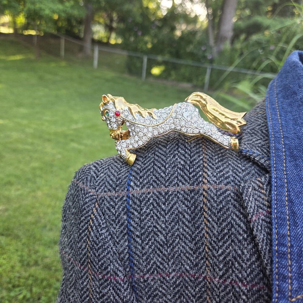 Vintage Glam Rhinestone Horse Brooch | Gold Tone Equestrian Derby Statement Pin